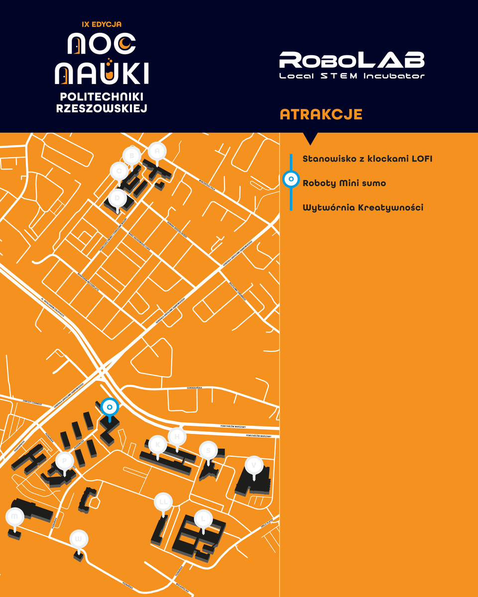 Mapa przedstawiająca budynki Politechniki Rzeszowskiej z wyszczególnieniem budynku O