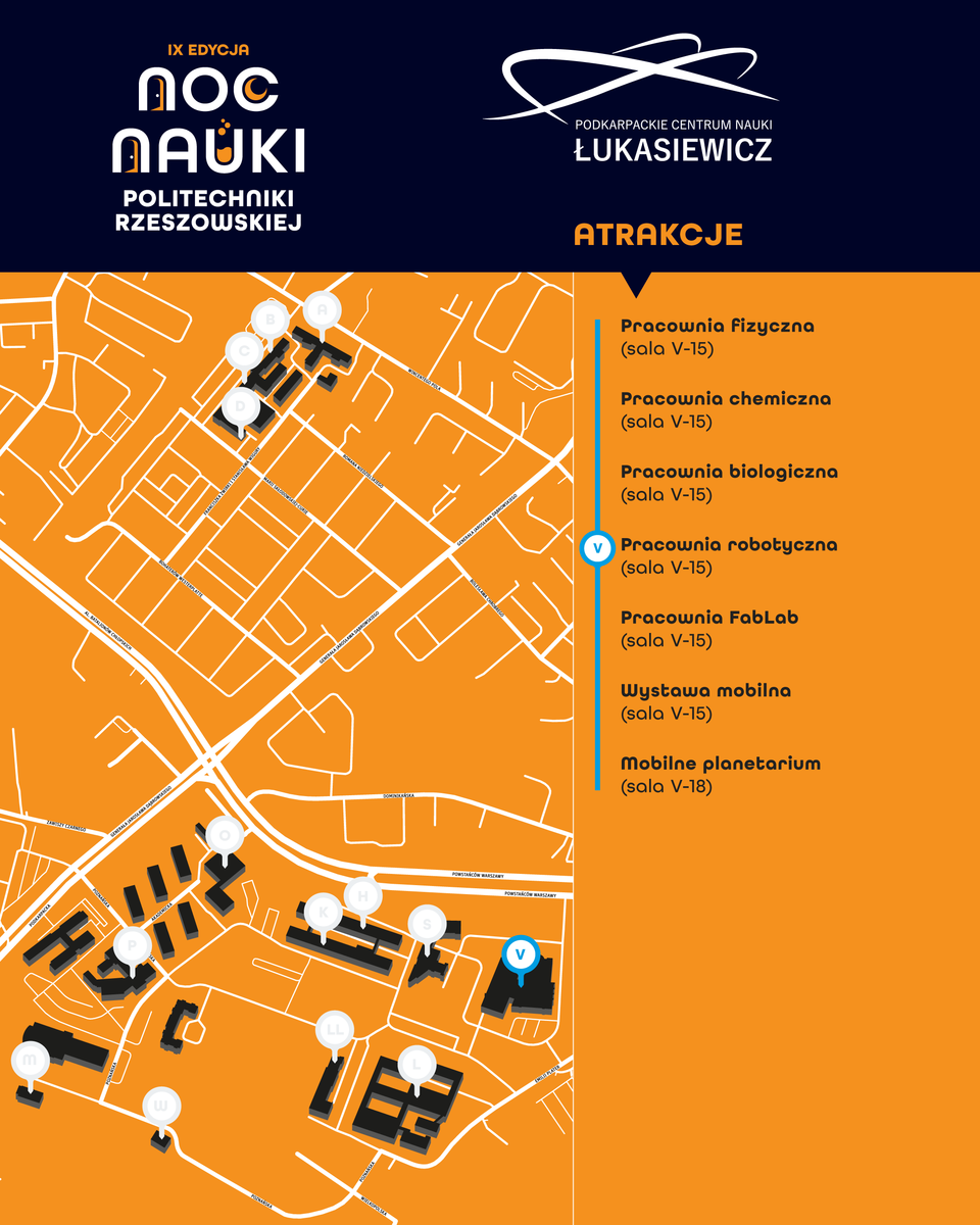 Mapa przedstawiająca budynki Politechniki Rzeszowskiej z wyszczególnieniem budynku V